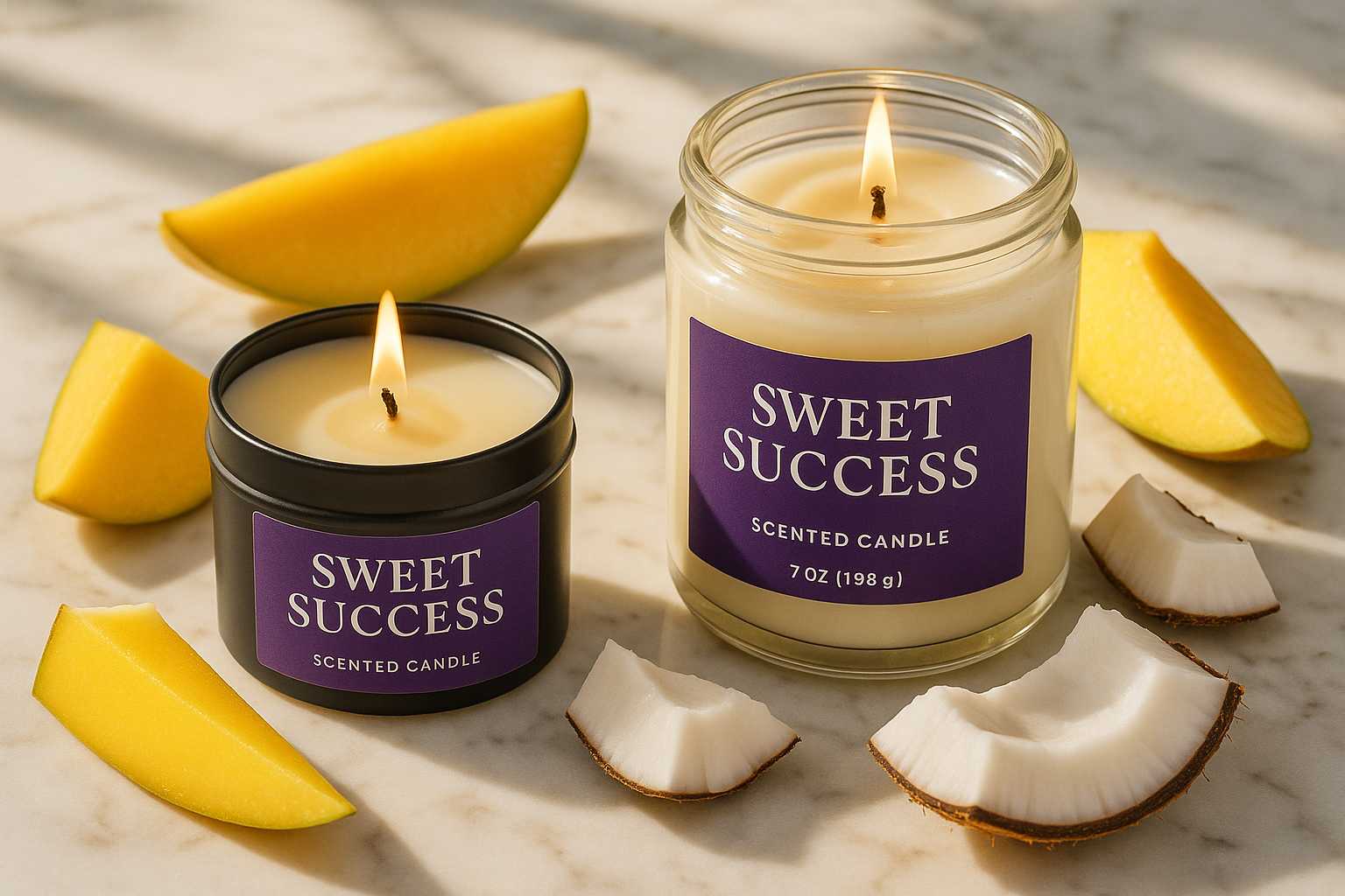 a 4 oz black candle tin and 7 oz glass jar named sweet success with a purple label with white writing   on a marble countertop, surrounded by tropical mango and coconut, bright natural light, cozy and luxurious aesthetic  