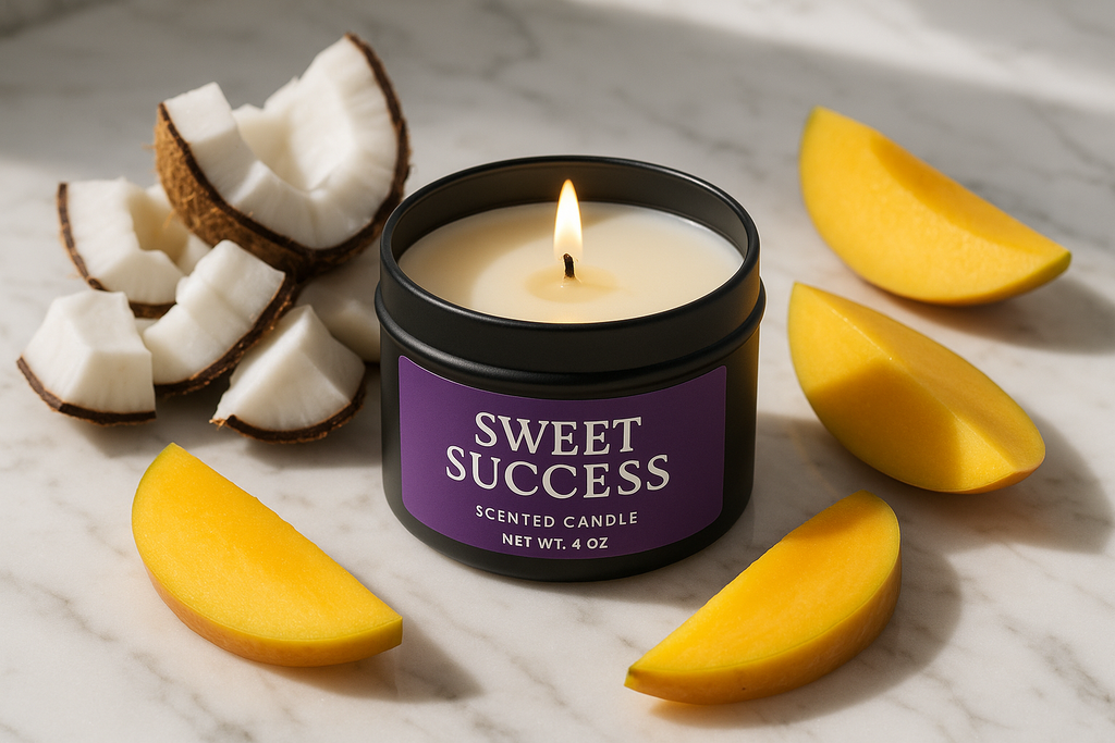 a 4oz black candle tin with a purple label and white writing named Sweet Success  on a marble countertop surrounded by tropical mango and coconut, bright natural light, cozy and luxurious aesthetic